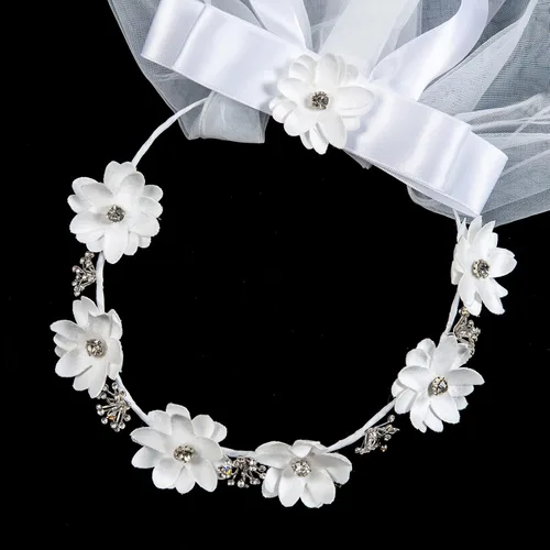 Miniatura 2 de DDazzling Corona de flores niñas primera comunión blanco floral guirnalda velo de encaje