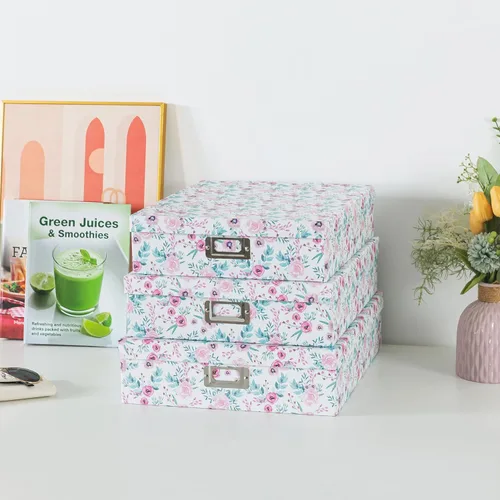 Miniatura 4 de Soul & Lane Cajas de almacenamiento decorativas florales con tapas, juego de 3 bonitas cajas de cartón anidables para fotos, documentos, álbumes