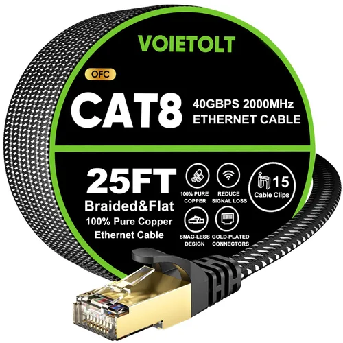 Miniatura 17 de Cable Ethernet Cat 8 de 20 pies plano, cable de Internet trenzado de alta velocidad de 40 Gbps 2000 MHz con RJ45 chapado en oro SSTP, cable LAN