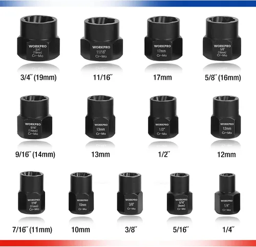 Miniatura 2 de WORKPRO Juego de 15 piezas de extractor de pernos de impacto y tuercas, extractor de pernos de transmisión de 3/8 pulgadas para quitar pernos