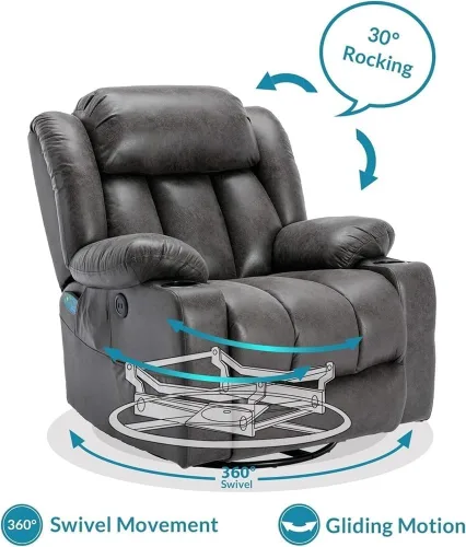 Miniatura 4 de Power Swivel Glider Recliner with Lumbar Heat & Vibration Massage, Large Electric Rocking Chair with USB Ports, Cup Holder & Side Pockets – Home