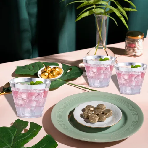 Miniatura 6 de Nervure 240 PCS Vasos de Plástico Plateados - Vasos de Plástico con Borde Plateado de 9 Oz - Vaso de Plástico Resistente con Borde Plateado Perfecto