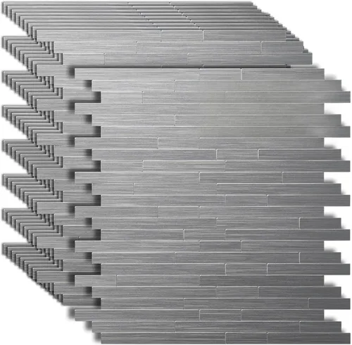 Miniatura 10 de Mosaico decorativo adhesivo de 12" x 12" con superficie de metal cepillado Art3d Plateado (Brush Silver)