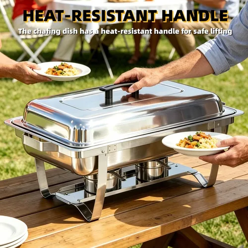 Miniatura 3 de Juego de Bandejas Calentadoras (Chafing Dish) para Buffet de 4 Piezas, Bandeja de Comida Rectangular Plegable de Acero Inoxidable de 8 Cuartos