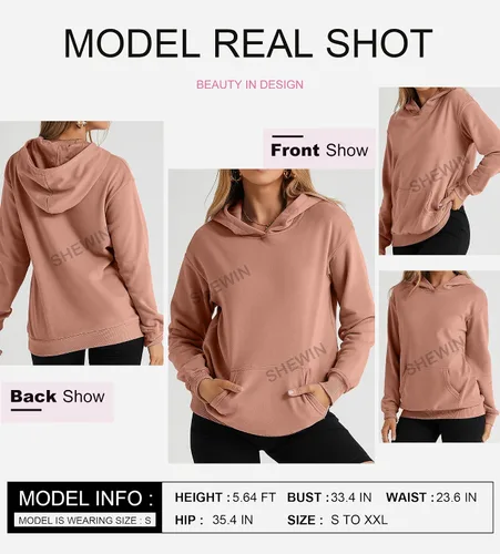 Miniatura 4 de SHEWIN - Sudadera informal con capucha para mujer, unicolor, ligera y holgada, sin botones, con mangas largas y bolsillo