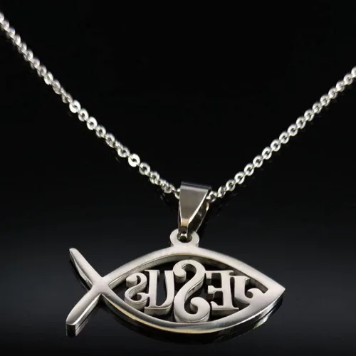 Miniatura 4 de KOOLKING - Collar de cadena de acero inoxidable para mujer, color plateado, collar de declaración de Jesús, joyería de acero inoxidable