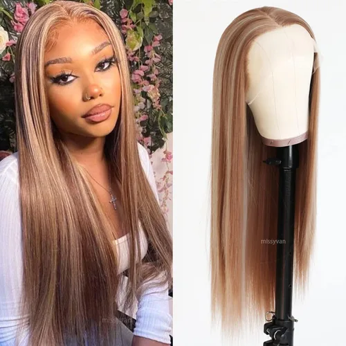 Miniatura 18 de Missyvan Pelucas de encaje frontal de cabello largo y lacio, color marrón natural, sin pegamento, castaño y rubio, pelucas sintéticas con encaje