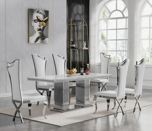 Miniatura 26 de Juego de mesa de comedor de mármol negro de lujo para 4, mesa de cocina dorada de 70 pulgadas y 4 sillas de cuero negro, juego de 5 mesas de comedor