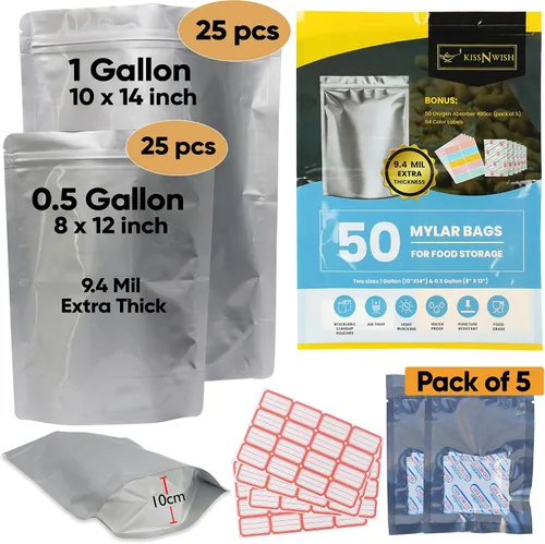50 bolsas de Mylar para almacenamiento de alimentos, bolsas de Mylar de 0.5 y 1 galón con absorbentes de oxígeno de 400 cc - 9.4 mil extra gruesas,