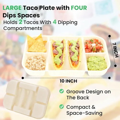 Miniatura 2 de Platos desechables para tacos de 4 compartimentos para 2 tacos y 4 lados, borde elevado extra profundo, almidón de maíz biodegradable, apto