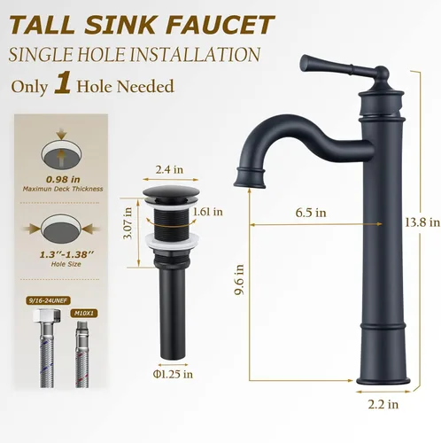Miniatura 5 de Grifo de lavabo negro mate para fregadero de baño, alto, con un solo orificio, montaje sobre el lavabo, desagüe desplegable, sin desbordamiento