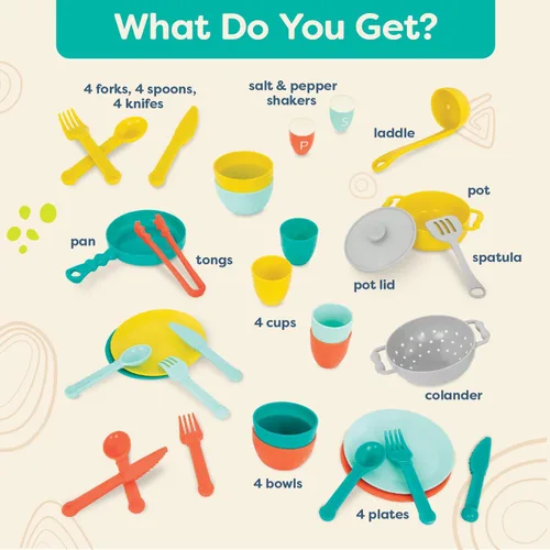 Miniatura 5 de B. toys Accesorios de cocina para jugar - Utensilios de cocina, platos, utensilios - Juego de 33 piezas para niños - Juguetes de simulación - Más