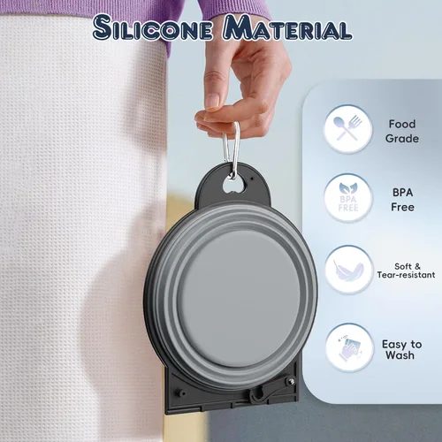 Miniatura 5 de Pawaboo Cuencos plegables 2 en 1 para perros, cuencos dobles para comida y agua, cuenco de silicona portátil de 180° con gancho de metal, comedero