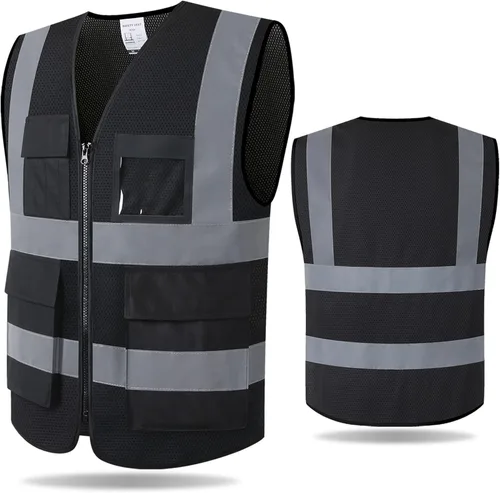Chaleco de seguridad reflectante para hombres y mujeres con 8 bolsillos y cremallera, chaleco de trabajo de malla de alta visibilidad, cumple con