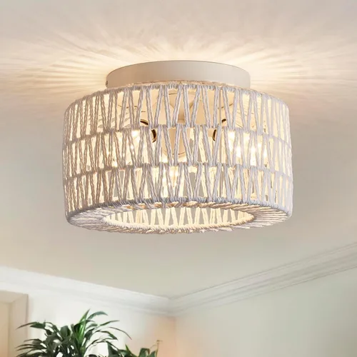 Miniatura 12 de Lámparas de techo de ratán, montaje en techo, 3 luces, lámpara de techo de montaje empotrado estilo boho, lámpara de sombra de jaula tejida a mano