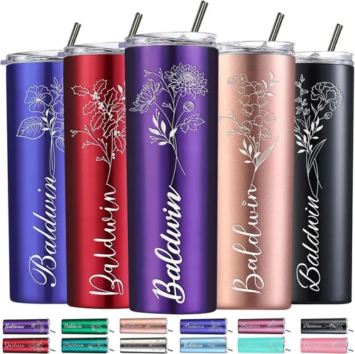 Miniatura 18 de Regalos personalizados para mujer, vaso personalizado grabado con flor de nacimiento de 20 onzas, vaso delgado con nombre personalizado con tapas
