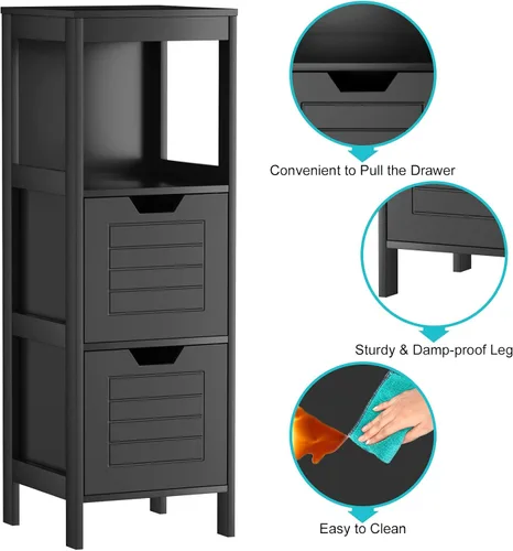 Miniatura 9 de Tangkula Armario de suelo de baño, torre de almacenamiento de madera estrecha con 2 cajones conmutables, almacenamiento lateral multifuncional