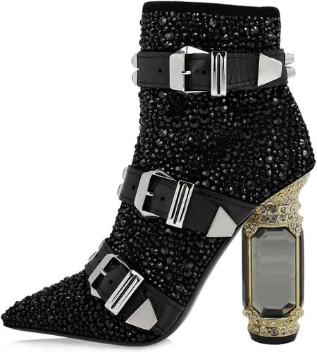Miniatura 155 de FSJ Botas de tacón alto con punta puntiaguda para mujer, con tacón alto, con cremallera lateral brillante, estilo casual, para uso diario, zapatos