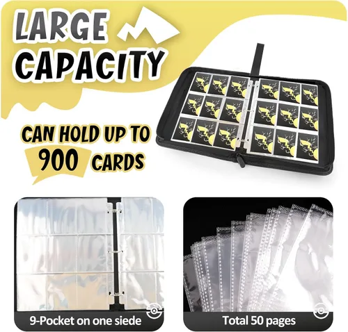 Miniatura 4 de Carpeta de tarjetas con 9 bolsillos, 900 bolsillos con 50 fundas extraíbles, soporte para álbum con cremallera para coleccionista de tarjetas