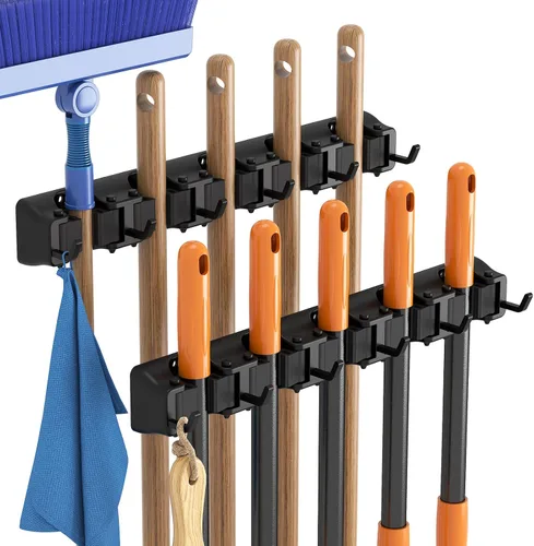 Lifewit Soporte de pared para fregona y escoba, colgador de escoba antideslizante para organización de cocina, organizador de suministros de Negro