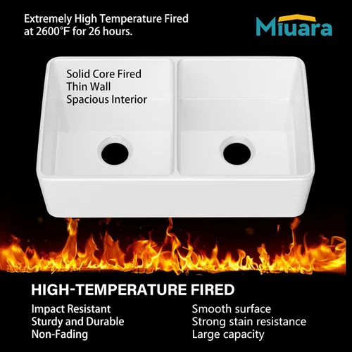 Miniatura 4 de Miuara Fregadero de cocina estilo casa de campo con cuenco doble de 33 pulgadas, fregadero de cocina frontal con delantal blanco, reversible, 33 x