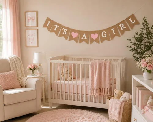 Miniatura 9 de Cartel de arpillera con texto en inglés "It's a Girl" para decoración de baby shower y fiesta de revelación de género (corazones rosa claro)