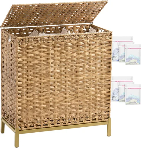 SETVSON Cesta de ropa sucia con tapa de 132 L, (35 galones) cesta de ropa sucia con tapa, cesta de ropa sucia de ratán tejida a mano con pies Natural