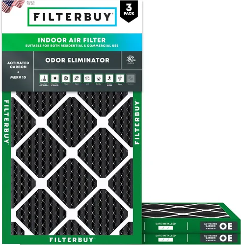 Miniatura 11 de Filterbuy Filtro de aire MERV 10 de 10 x 10 x 1 pulgadas, defensa de olores y alergias con carbón activado (paquete de 3), filtros electrostáticos