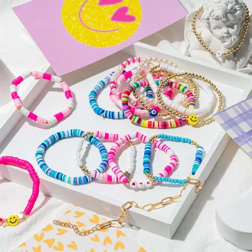 Miniatura 2 de Vitustua 16pcs Preppy Heishi Bracelets Set Stackable Colorful Cute Happy Face Charm Pearl Stretchy Beaded Bracelet Summer Beach Layering Bracelet