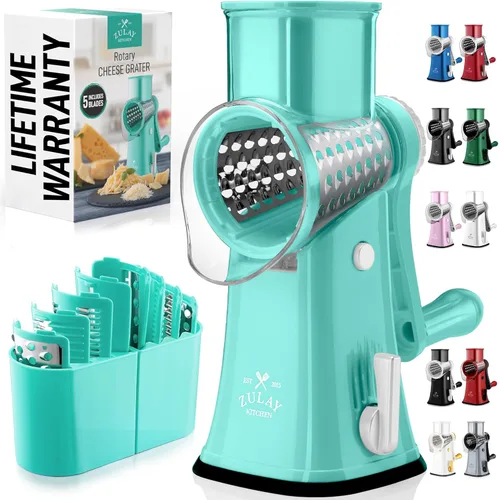 Zulay Kitchen Rallador Rotativo de Queso de 5 Cuchillas Rallador de Queso - Rallador de Queso Manual de Manivela con Succión Reforzada y 5 Tambores