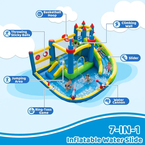Miniatura 10 de Tobogán acuático inflable para patio trasero de niños con soplador de 450 W, castillo de salto con tobogán de agua, parque acuático para actividades