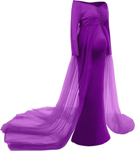 Miniatura 3 de Vestido de maternidad de manga larga con hombros descubiertos para mujer, de tul elegante, ajustado, para baby shower, fotografía, maxi vestido