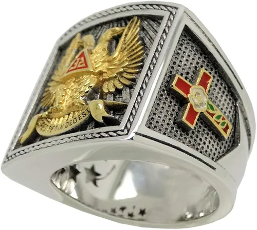 Miniatura 3 de UNIQABLE KTR023 - Anillo de plata de ley con alas de 32 grados para caballeros masónicos, chapado en oro de 18 quilates