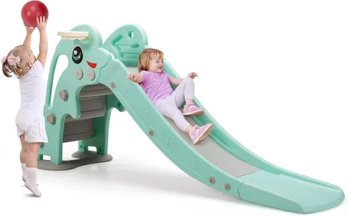 Baby Joy Slide para niños, juego grande para escalador de juegos con pendiente de deslizamiento extralarga, aro de baloncesto y bola, regalo ideal