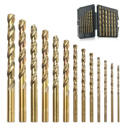 Juego de 13 brocas de cobalto, M35 HSS, SAE (1/16 - 1/4 pulgadas), punta de 135°, kit de brocas de longitud de giro para metal endurecido, acero