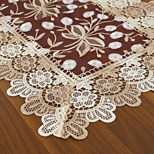 Miniatura 4 de Camino de mesa con bordado floral de encaje, bufanda rectangular transparente de poliéster para decoración de mesa del hogar, comedor, 16 x 35 Beige