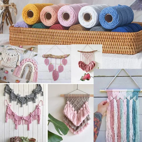 Miniatura 6 de Cordón de macramé de 1/64 pulgadas (0.157 in) de color rosa claro, hilo de algodón natural para tejer a mano a mano, 4 hebras para colgar