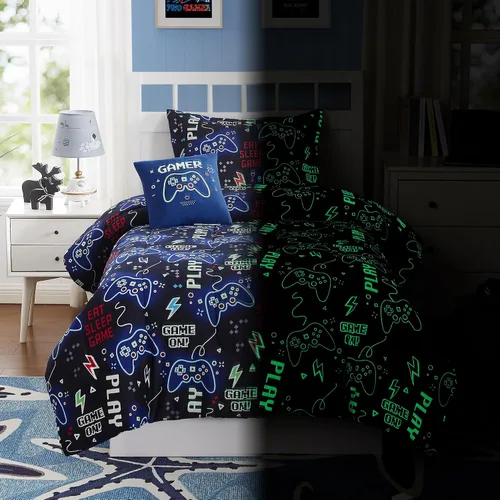 Miniatura 13 de Juego de edredón para niños Kaleido Space tamaño individual para niños, juego de ropa de cama para niños con luz en la oscuridad para jugadores, 1