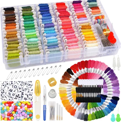 VICOVI Kit de hilo de bordar que incluye 150 madejas, hilo de bordar, 30 madejas, hilo blanco y negro, 800 cuentas, 52 piezas de herramientas de