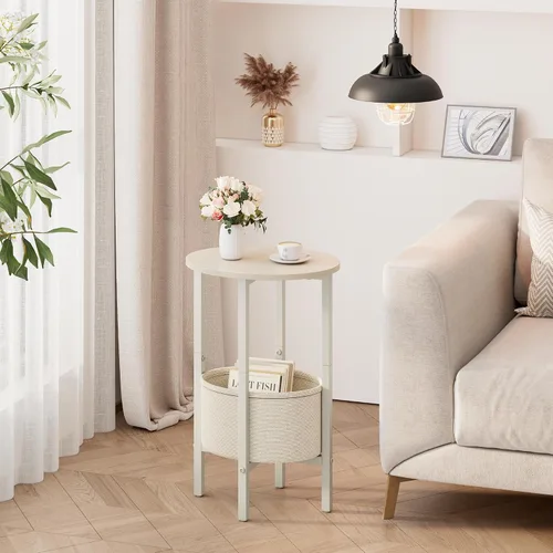 Miniatura 2 de Vagusicc Mesa auxiliar, mesa auxiliar redonda con cesta de tela, para sala de estar, dormitorio, oficina, Begie