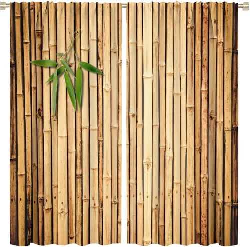 Miniatura 50 de Cortinas con estampado de bambú, tallos y hojas de bambú, temática oriental natural, oscurecimiento de habitación, ventana, ventana, cortina