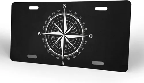 Miniatura 2 de Placa de matrícula frontal de rosa de los vientos en blanco y negro, placas de matrícula decorativas de aluminio, divertida placa de metal