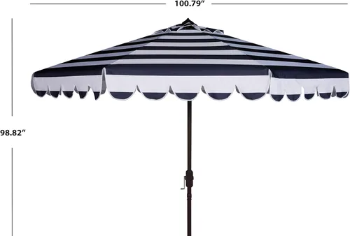 Miniatura 4 de SAFAVIEH Sombrilla de patio para exteriores, redonda, de 9 pies, colección Maui, rayas azul marino y blanco, manivela, inclinación con botón, Azul