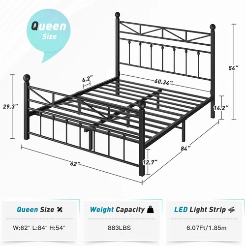 Miniatura 2 de EnHomee Base de cama de plataforma de metal tamaño Queen, cabecero alto de 54" y luces LED, cabecero y piecero vintage victoriano, almacenamiento