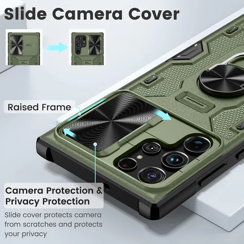 Miniatura 3 de Caka Funda para Samsung Galaxy S22 Ultra con cubierta deslizante para cámara y soporte, soporte de anillo giratorio de 360 grados integrado, funda