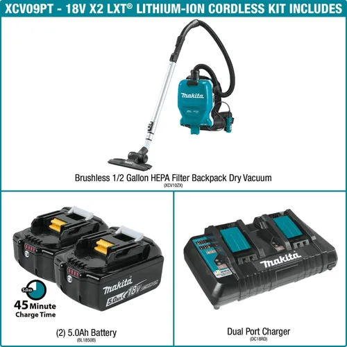 Miniatura 3 de Makita XCV09PT 18V X2 LXT Litio-Ion (36V) Sin Escobillas Inalámbrica 1/2 Galón HEPA Filtro Mochila Kit de Aspiradora Seca (5.0Ah)