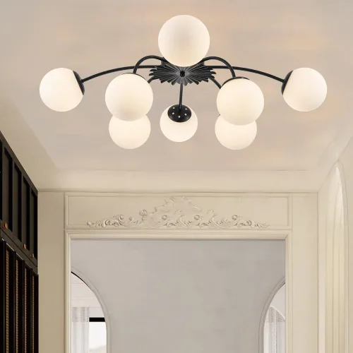 Miniatura 18 de Lámpara de araña Sputnik de 12 luces, color negro con burbujas de vidrio de leche Luces de techo semi empotradas, acento de flor, Art Deco
