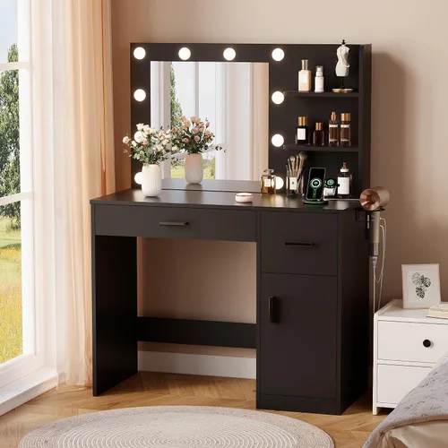 Miniatura 3 de YESHOMY Escritorio de tocador con espejo, 10 luces, toma de corriente y 3 estantes de almacenamiento, mesa de maquillaje con 2 cajones y 1 gabinete
