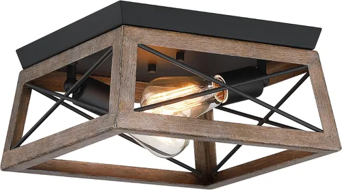 Miniatura 13 de 1 Light Black Industrial Flush Mount Ceiling Light Fixture - Square Farmhouse Caged Ceiling Light for Closet Kitchen Hallway Porch, E26, Dimmable