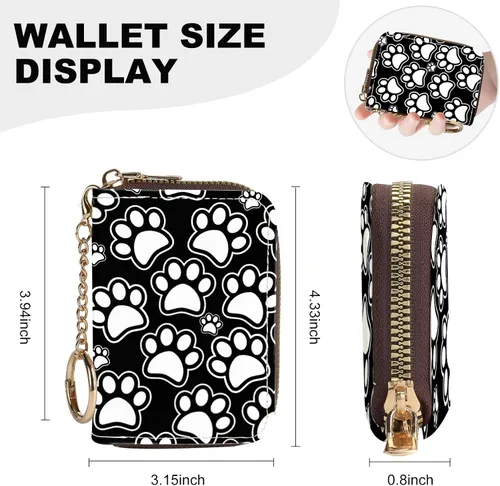 Miniatura 2 de Tarjetero de crédito para mujer, pequeña cartera RFID con cierre de llavero, bonita cartera de piel sintética, Huellas de patas en blanco y negro